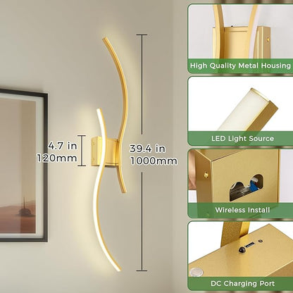 DORESshop Battery Operated Wall Sconces Set of 2, Battery Wall Sconce 8000mAh, Gold Rechargeable Sconces 3CCT + RGB, 39 Inch Modern Wireless Wall Lights, Sconce Wall Decor for Bedroom, Living Room