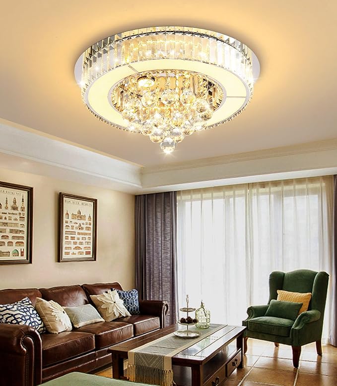 19.6" Silver Modern Crystal Chandeliers for Dining Room LED Dimmable Light Fixtures Flush Mount Light Living Room Bedrooms