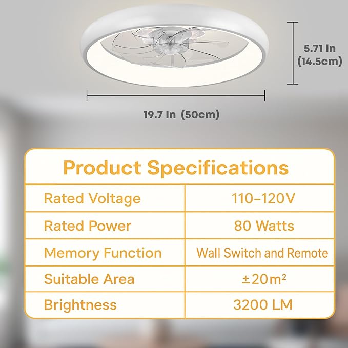 Fszdorj 20'' Ceiling Fan with Light, Upgraded Low Profile Fan, Flush Mount Ceiling Fan, 6 Speeds, Dimmable LED, App & Remote Control, Quiet DC Motor, for Bedroom, Living Room, F109 White