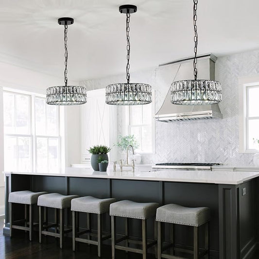 CATINER 3-Pack Black Crystal Pendant Light 4-Light Modern Chandelier Small 12” Crystal Semi Flush Mount Ceiling Light Round for Dining Room Kitchen Island Foyer Hallway