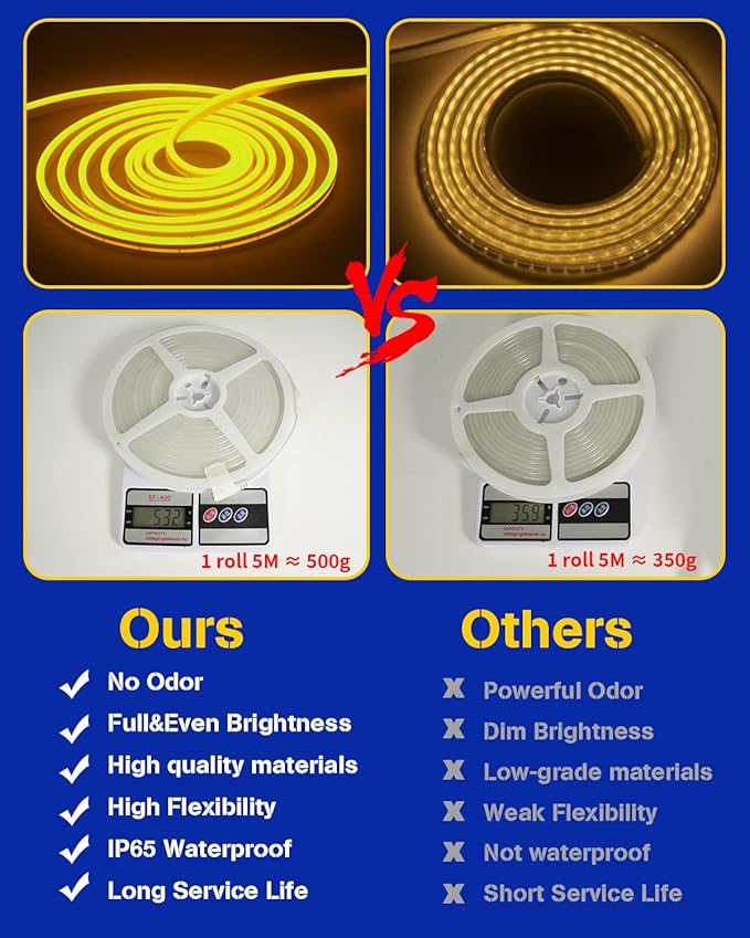 DUOFU365 Yellow Neon LED Strip Light, DC 12V 600 SMD2835 LED Neon Rope Lights,Upgraded 16.4ft/5m Led Light Strips Flexible Waterproof for Indoor/Outdoors Home Decoration/DIY(No Power Adapter)
