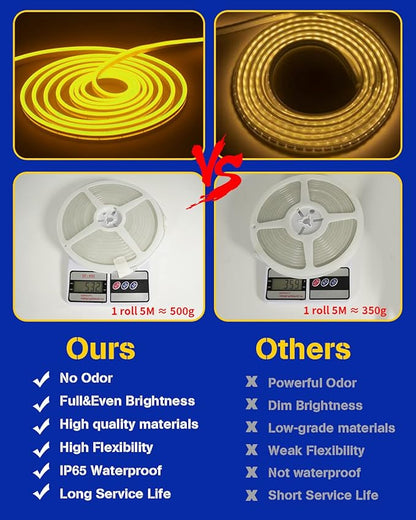 DUOFU365 Yellow Neon LED Strip Light, DC 12V 600 SMD2835 LED Neon Rope Lights,Upgraded 16.4ft/5m Led Light Strips Flexible Waterproof for Indoor/Outdoors Home Decoration/DIY(No Power Adapter)