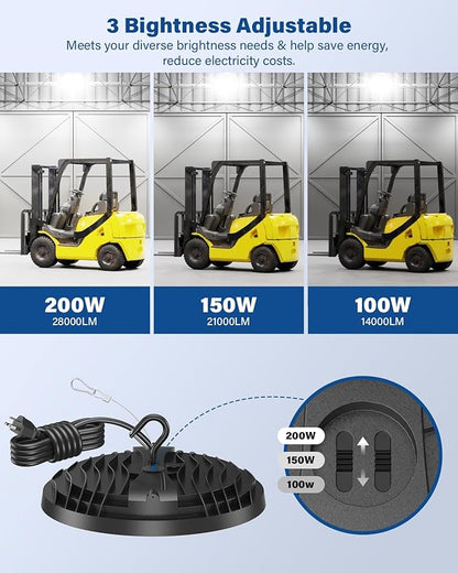 200W UFO LED High Bay Light, Adjustable Wattage 200W/150W/100W, 3-Color Temperature (6500K/5000K/3500K), 28,000LM, AC100-277V, Plug & Play LED Shop Lights Fixture for Warehouse, Garage, Factory
