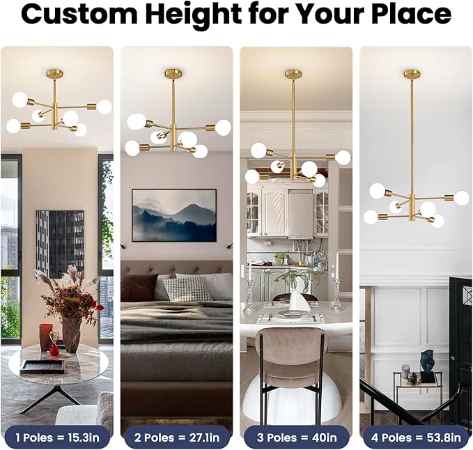 RUIYEY Modern Sputnik Chandeliers Light, 6-Light Gold Dining Room Chandelier Over Table, E26 Mid Century Ceiling Light Fixtures Height Adjustable Hanging Pendant Lighting for Entryway Foyer