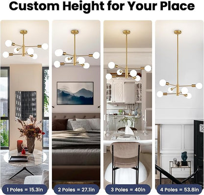 RUIYEY Modern Sputnik Chandeliers Light, 6-Light Gold Dining Room Chandelier Over Table, E26 Mid Century Ceiling Light Fixtures Height Adjustable Hanging Pendant Lighting for Entryway Foyer