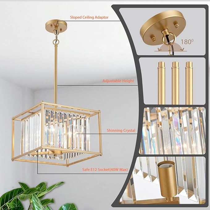 Gold Crystal Chandeliers for Dining Room Square 4-Light Height Adjustable 13" Modern Farmhouse Geometric Pendant Lighting Fixture for Bedroom Entryway Foyer Hallway