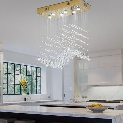 Modern Gold Wave Rectangular Chandelier for Dining Room Over Table, 6-Lights Raindrop Elegant Ceiling Light Fixture for Kitchen Island, Funny Flush Mount Pendant Light for Kids/Girls Room