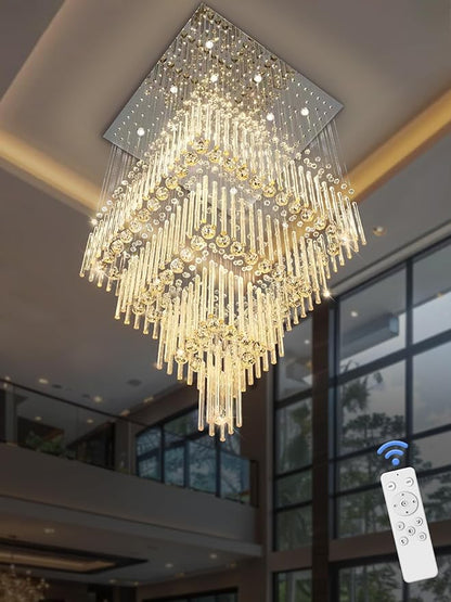 Flashing God D32''X H79'' Foyer Chandelier for High Ceilings,Square Crystal Raindrop Chandeliers,Large Chandelier for Entrance Foyer Villa,4 Tier Chandeliers
