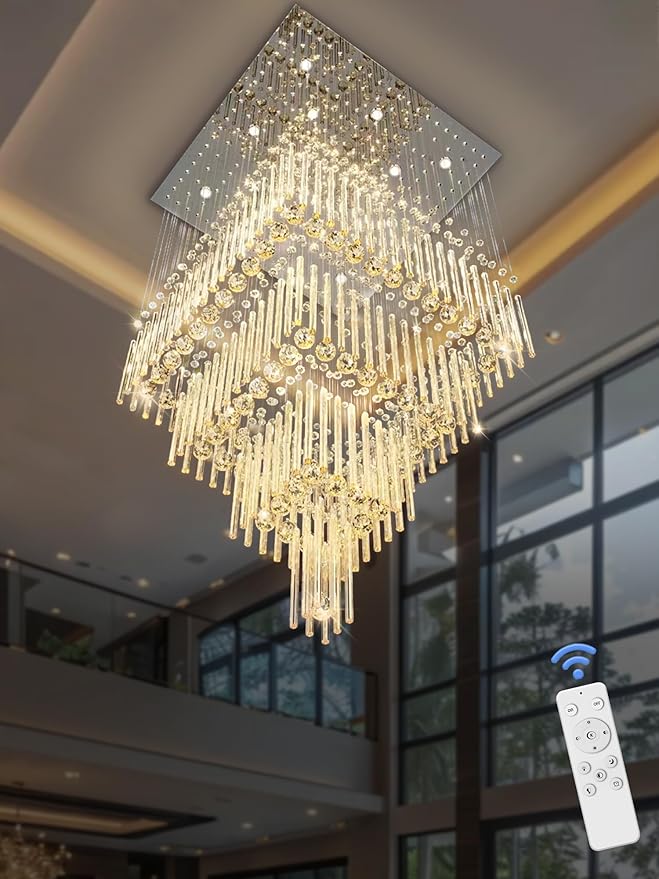 Flashing God D32''X H110'' High Ceiling Chandelier Crystal Raindrop Chandeliers Staircase Large Chandelier Villa Entrance Foyer Hanging Light High Ceiling Pendant Light Fixture with LED Dimmable