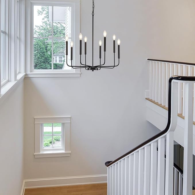 Modern Black Chandelier for Dining Room, 8-Light Metal Farmhouse Dining Room Light Fixtures Hanging Candle Chandelier Lighting for Kitchen, Living Room, Foyer, Entryway, Bedroom
