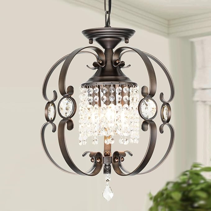 Bronze Crystal Chandeliers for Dining Room, 3-Light 14 Inch Flush Mount Ceiling Light Fixture,Vintage Hanging Pendant Lighting for Kitchen Island,Living Rooms, Foyer