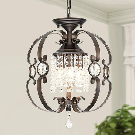 Bronze Crystal Chandeliers for Dining Room, 3-Light 14 Inch Flush Mount Ceiling Light Fixture,Vintage Hanging Pendant Lighting for Kitchen Island,Living Rooms, Foyer