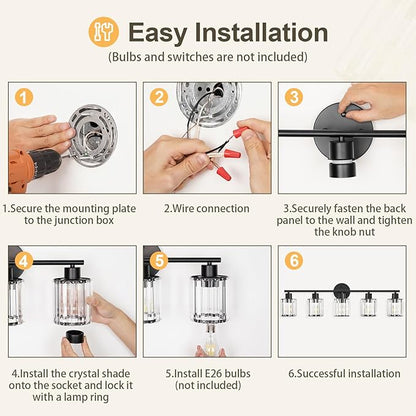Crystal Bathroom Light Fixtures, Bathroom Lighting Fixtures Over Mirror, Modern Black 5-Light Vanity Lights for Mirror,Restroom, Bedroom (Ceramic E26 Socket,Bulbs Not Include)