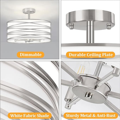 TOULMJ 6-Light Semi Flush Mount Ceiling Light, 16.53‘’ Brushed Nickel Drum Chandelier with White Fabric Shade, Modern Farmhouse Dimmable Light Fixtures for Kitchen Laundry Hallway Dining Room Foyer