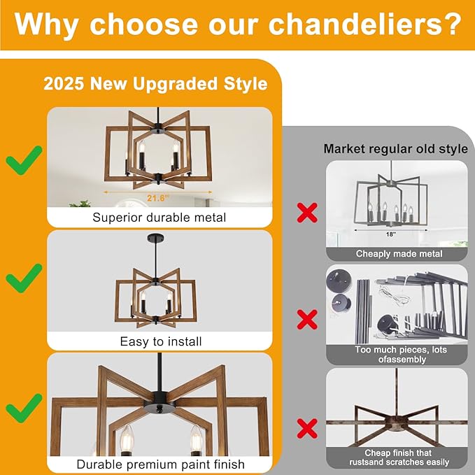 21.6" Farmhouse Chandelier, 6-Light Modern Geometric Dining Room Chandelier, Rustic Foyer Lighting Fixtures, Wood Grain Pendant Lights for Living Room, Dining Room, Bedroom, Kitchen Island, Entryway