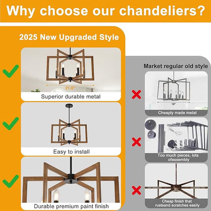 21.6" Farmhouse Chandelier, 6-Light Modern Geometric Dining Room Chandelier, Rustic Foyer Lighting Fixtures, Wood Grain Pendant Lights for Living Room, Dining Room, Bedroom, Kitchen Island, Entryway