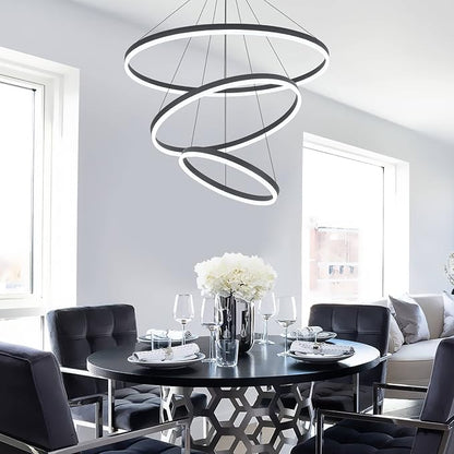 3-Rings D31.5’’ Modern LED Chandelier Black, Dimmable Pendant Lighting with Remote Control Circular Flush Mount High Ceiling Light for Living Dining Room Bedroom Foyer, 3000K-6500K
