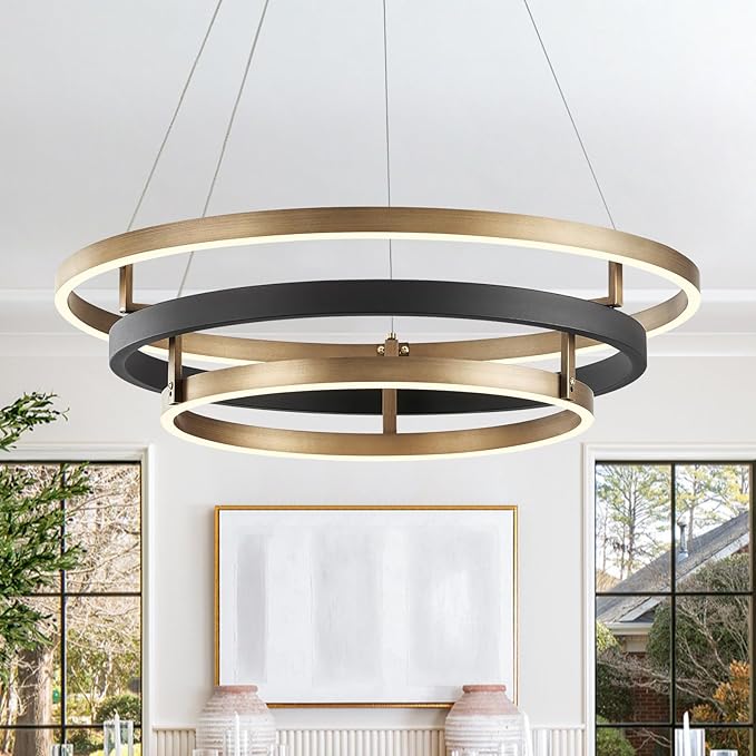 Modern Brass Chandelier for Living Room LED 3-Ring Dimmabel Chandelier Black & Gold Light Fixture Round Entry Foyer Chandeliers Lighting for Dining Room Bedroom Office 24in