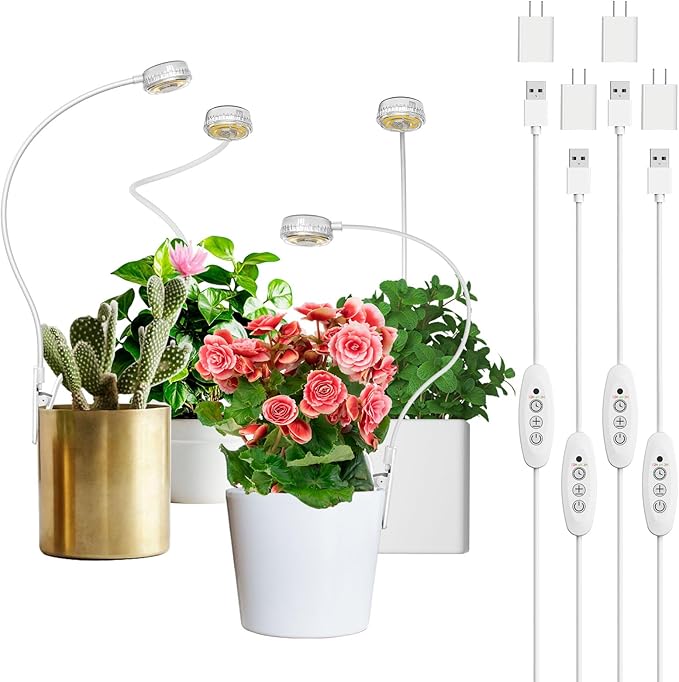 SANSI Grow Lights for Indoor Plants, ETL Listed Pot Clip LED Plant Lights for Indoor Growing, Full Spectrum, 4-Level Dimmable, Auto On Off 3 6 12 Hrs Timer for Small Plants, Garden White 5V 4-Pack