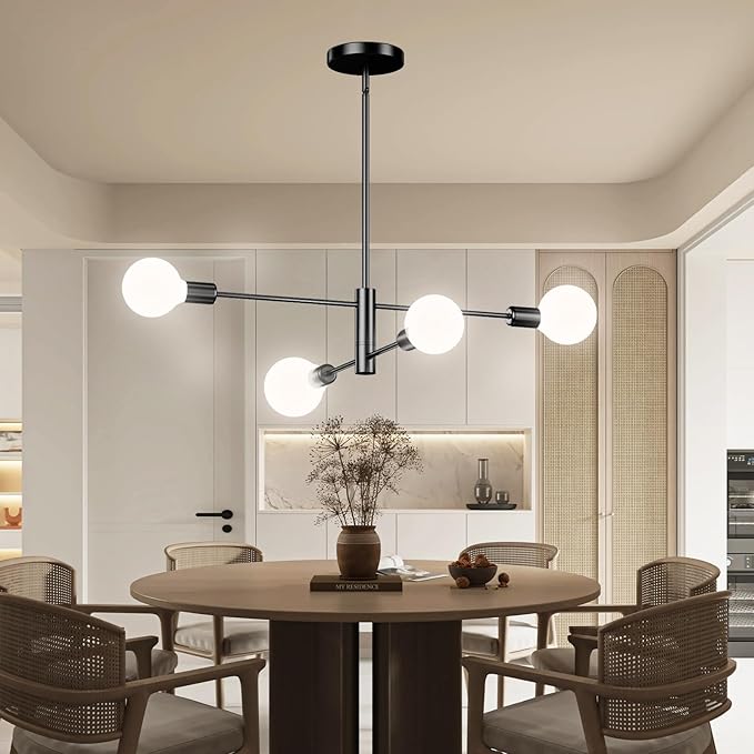 Modern Sputnik Chandelier 4-Light Black, Mid Century Chandelier for Living Room, Kitchen, Dining Room, Bedroom,Foyer - Height Adjustable (Bulbs Not Included)