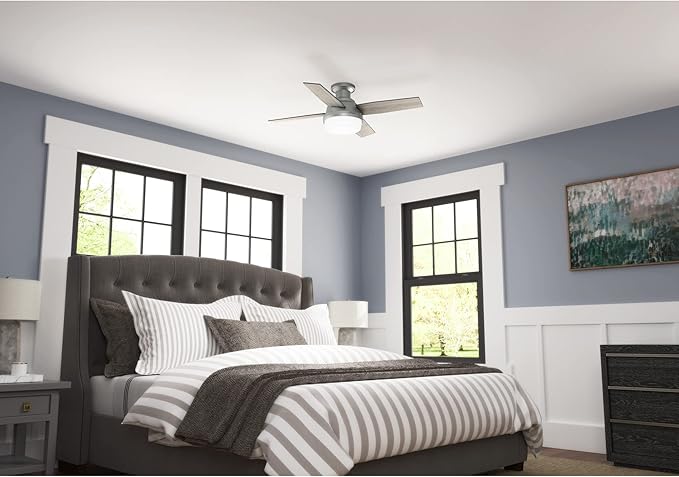 Hunter 44 inch Indoor Ceiling Fan with LED Light and Remote Control - Modern Ceiling Fan, Low Profile Mount, 4 Blades, For Bedroom, Living Room, or Kitchen, Quiet - Dempsey 51757, Matte Silver