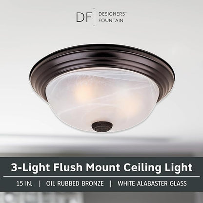 DESIGNERS FOUNTAIN Reedley 3-Lights Flush Mount Ceiling Light, 15 Inch Lighting Fixture for Kitchen, Bedroom, Bathroom, and Hallway, White Alabaster Glass, Oil Rubbed Bronze, 1257L-ORB-AL