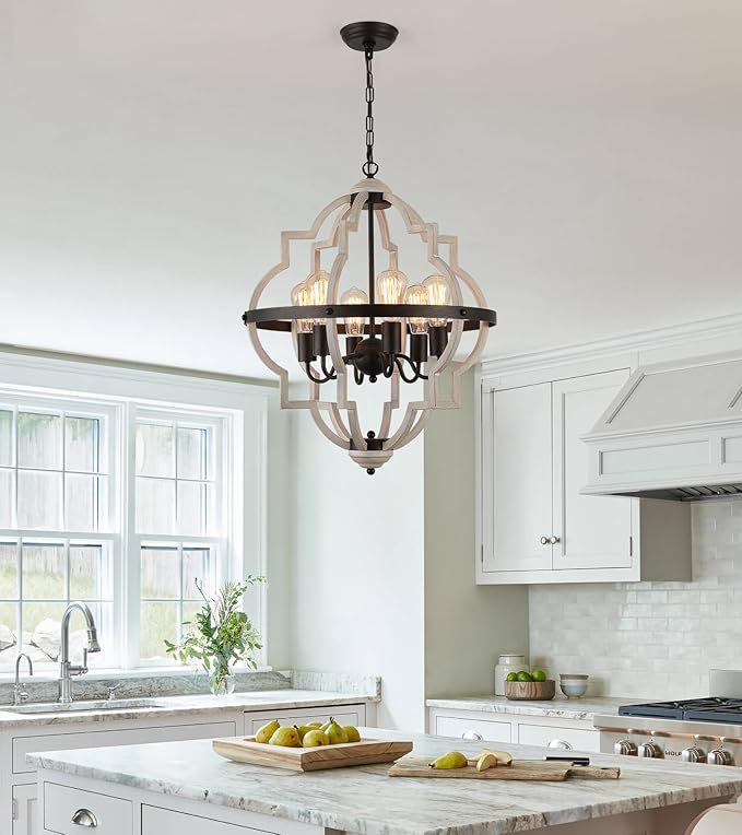 MEIXISUE Farmhouse Rustic Chandelier,ORB+Oak Finish,6-Light Vintage Antique Chandeliers Pendant Light Fixture for Kitchen Dining Room Living Room Entryway Foyer UL Listed