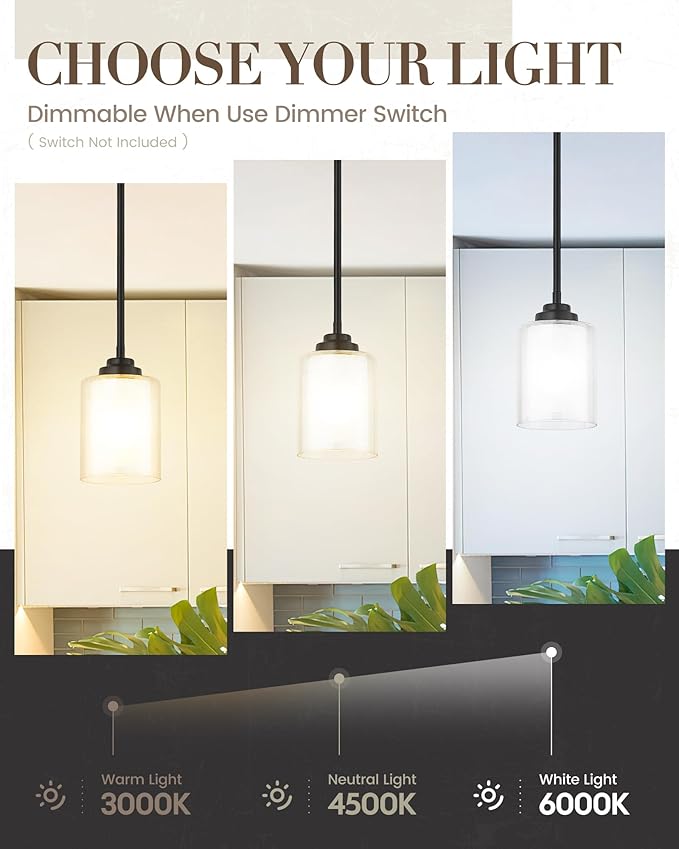 TENGXIN Modern Pendant Light,6-in Matte Black Pendant Lights Kitchen Island,Farmhouse Pendant Lighting for Dining Room Bedroom Bar Office 2Pack,TXPLBK02-2PK-L