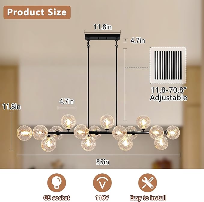 16-Light Linear Chandelier,55" Black Sputnik Chandeliers Clear Globe Modern Chandeliers for Dining Room Light Long Large Chandelier Sputnik Ceiling Light Fixture Pendant Lights Kitchen Island