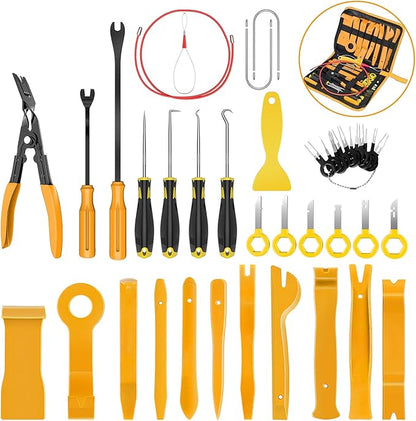 GOOACC 40Pcs Trim Removal Tool,Auto Terminal Removal Key Tool,Auto Clip Pliers Stereo Removal Tools,Car Upholstery Repair Removal Kit,Precision Hook and Pick Set,Wiring Threader,Car Film Scrape-Yellow