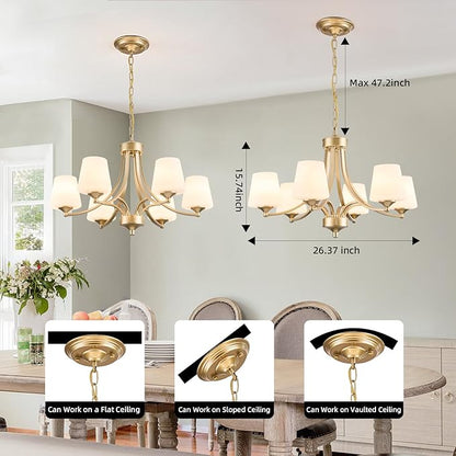 6-Light Modern Gold Chandeliers for Dining Room 47.2'' Adjustable Height Farmhouse Pendant Light with Frosted Glass Shades,Gold Round Chandeliers Hanging Lamp for Kitchen Island Dining Table Entryway