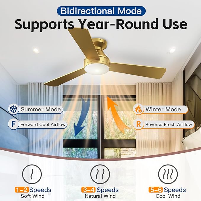 Ceiling Fans with Lights, 42 Inch Ceiling Fan with Light And Remote, 3CCT Flush Moun Low Profile Ceiling Fans, 6 Speed Noiseless LED Ceiling Fan, All Gold Ceilings Fan for Bedroom Living Room