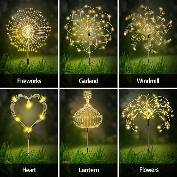 Maleyt 6 Pack Solar Garden Lights, Firework Lights, Decorative, 8 Lighting Modes with Remote 120 LED Twinkling Waterproof Landscape Outdoor Decor, for Pathway Backyard Walkway Patio (Warm White)