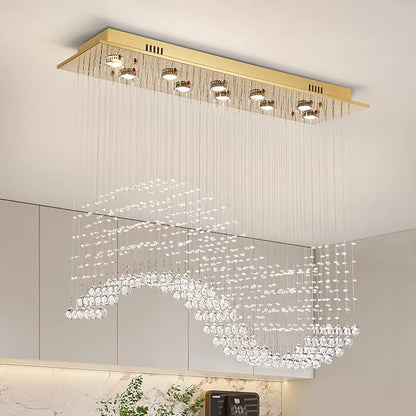 Siljoy Modern Crystal Chandelier 10-Light Rectangular Gold Wave Raindrop Pendant Flush Mount Ceiling Light for Dining Room Living Room Kitchen Island Bar L40'' x W11.8'' x H35.4''