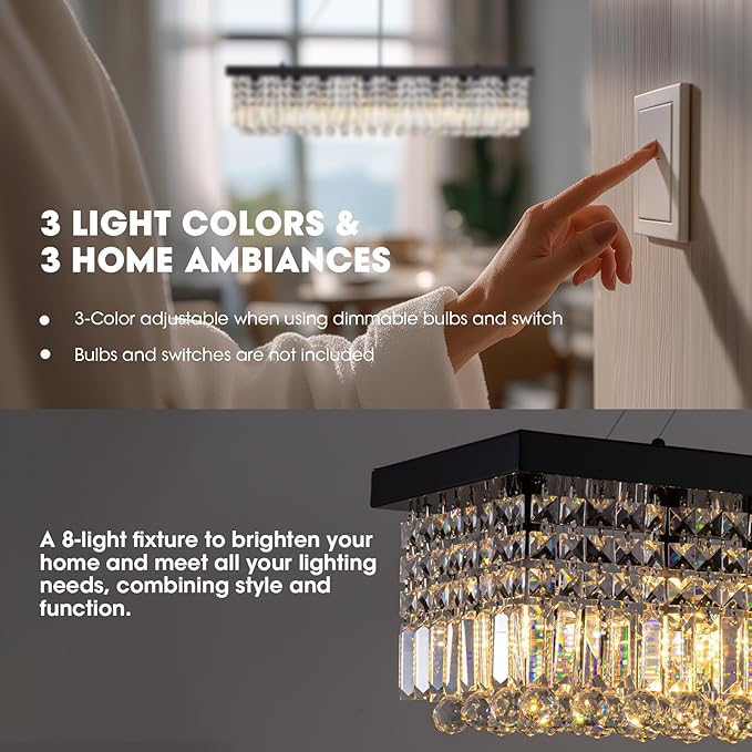 Black Modern Crystal Chandeliers for Dining Room Kitchen Island Light Fixture, 8-Light Rectangle Chandelier for Living Room, L39.4 Inch