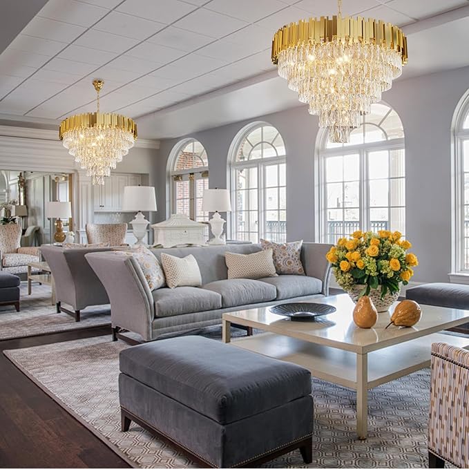 Modern Crystal Chandelier 32" Round K9 Crystal Ceiling Light Adjustable Gold 6-Tier Chandelier with 13 Lights Elegant Fixture for Dining Room Living Room Foyer
