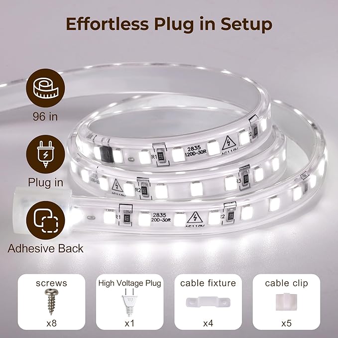 96inch Plug in Under Cabinet Lighting Strip for Kitchen, 120V Bright LED Under Counter Lights 6000k White Slim, Luces para Cocina Bajo Gabinete Under Shelf Wired Light for Sink/Workbench/Bookshelf