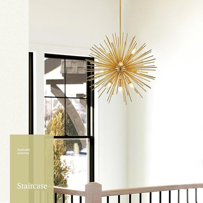 24" Gold Sputnik Chandelier 9-Light, Mid Century Modern Starburst Ceiling Light with Adjustable Chain, Industrial Globe Pendant Light Fixture for Dining Room Kitchen Island Living Room Foyer Entryway
