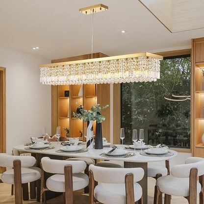 Siljoy Rectangular Gold Crystal Chandelier, 13-Light Modern Rectangle K9 Crystal Raindrop Chandelier, Luxury Dimmable Crystal Ceiling Light for Dining Room Living Room Kitchen Island L59''