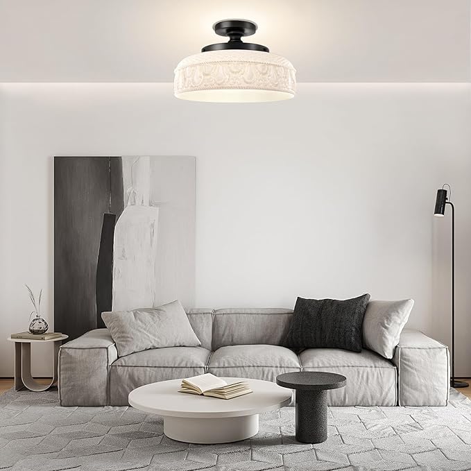 Lamomo Semi Flush Mount Ceiling Light,12 Inch White Glass Shade Black Hallway Light Fixture,3 Light Globe Glass Close to Ceiling Scone,Indoor Hanging Light for Bedroom Kitchen Porch Hallway