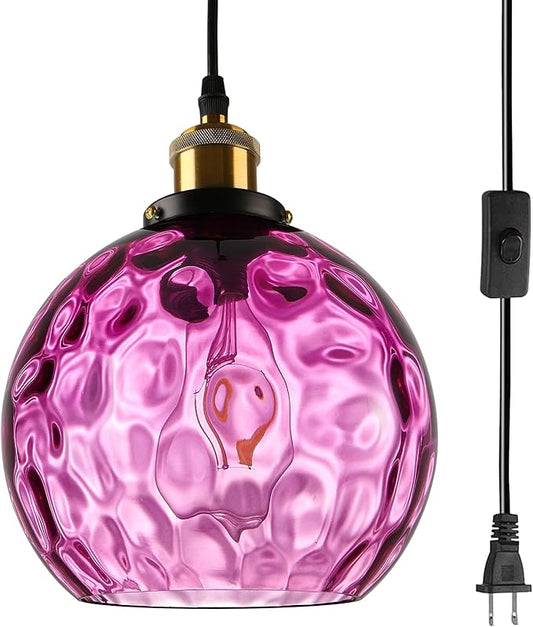 Corner Pendant Light Plug in, Hanging Chandeleir with Plug in Cord, Hand Blown Purple Water Ripple Glass Globe, Bohemian Bedroom Living Room Hanging Lamp Ambient Lighting for Reading Nook