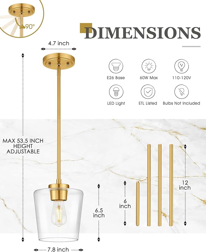 Pendant Lights Kitchen Island, 8" Brushed Gold Hanging Light Fixtures with Clear Glass Shade, Modern Kitchen Pendant Lighting Over Island for Dining Room, AD-22004-1PL-GD-C