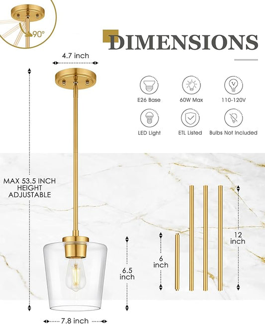 Pendant Lights Kitchen Island, 8" Brushed Gold Hanging Light Fixtures with Clear Glass Shade, Modern Kitchen Pendant Lighting Over Island for Dining Room, AD-22004-1PL-GD-C