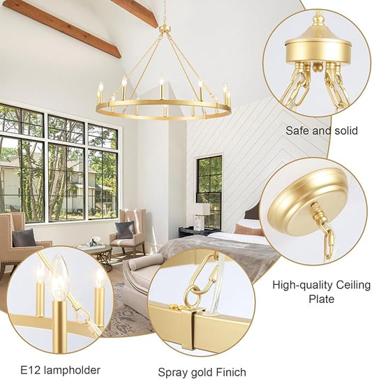 Gold Wagon Wheel Chandelier for Dining Room Light Fixture 12Light Gold Chandelier for Foyer 38inch 27-86" Height Adjustable Pendant Light for Flat Sloped Ceilings Dining Room Kitchen Island Entryway