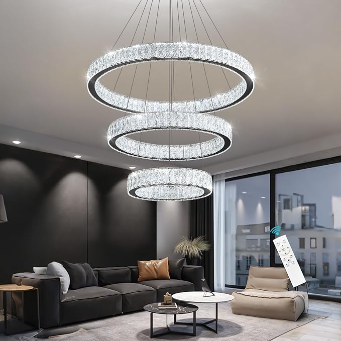 Modern Crystal Chandelier 55W Dimmable LED Chandeliers with Remote Luxury Height Adjustable Pendant Lighting for Living Room Dining Room Black