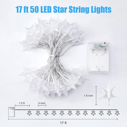 Minetom Star String Lights Battery Operated - 17 ft 50 LED Star Fairy String Lights with Timer, Waterproof for Indoor Bedroom Tent Loft Bed Patio Party Wedding Decor, White