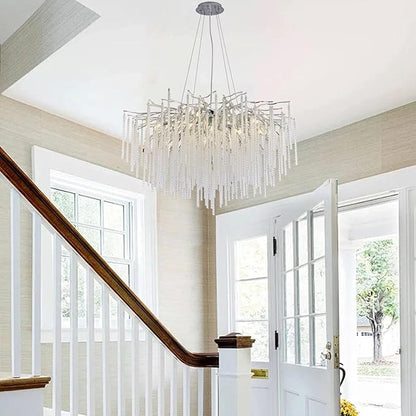 Crystal Chandelier Modern Chandelier Ceiling Light Fixture, 31.5in Waterfall Tree Branch Chandeliers for Dining Room Kitchen Island Living Room Foyer 10-Light (Silver)