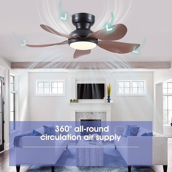 Kviflon 36 Inch Modern Ceiling Fans with Lights, Small Flush Mount Ceiling Fan with Light and Remote/APP Control, 5 Reversible 6 Speeds Curved Blades, 3 CCT Dimmable Lights for Kids Room, Brown