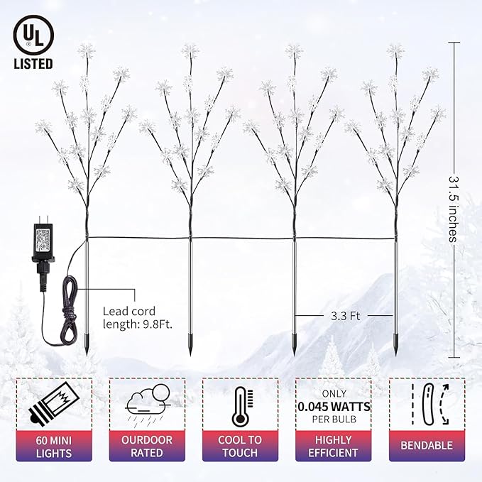 Brightown Snowflake Pathway Lights, 4 Packs Christmas Yard Decor, Small Christmas Tree with Lights, Blue and White