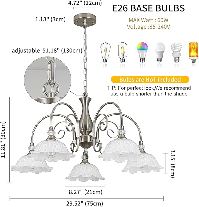 5-Light Chandeliers in Brushed Nickel Finish with White Glass Shades, Brushed Nickel Chandelier Light for Dining Room,Hallway,Kitchen